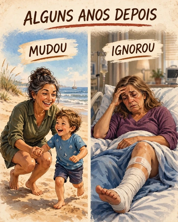 Alguns anos depois: uma mulher que mudou, brincando na praia com o neto, e outra que ignorou, internada com a perna engessada